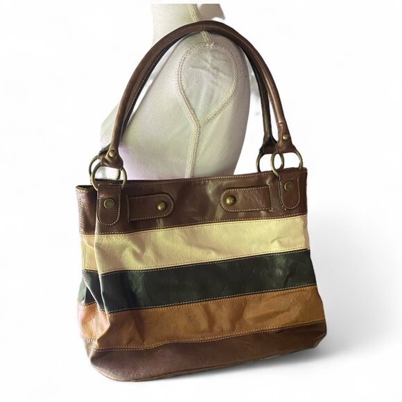 Axcess by Liz Claiborne faux leather brown tan striped shoulder bag tote preppy - Picture 1 of 13